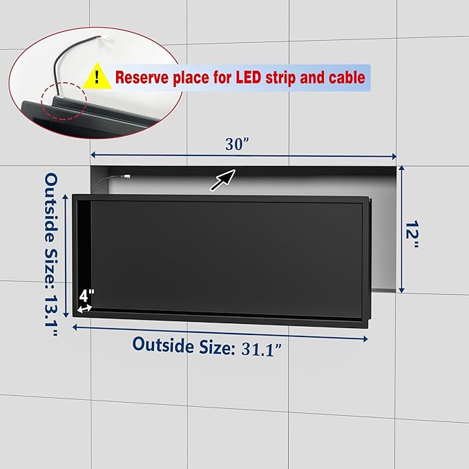 RGB LED Light Shower Niche, Matte Black 30X12 in Stainless Steel Wall Niche with Remote Control, Waterproof No Tile Needed Wall Niche for Bathroom Storage Built-in Installation