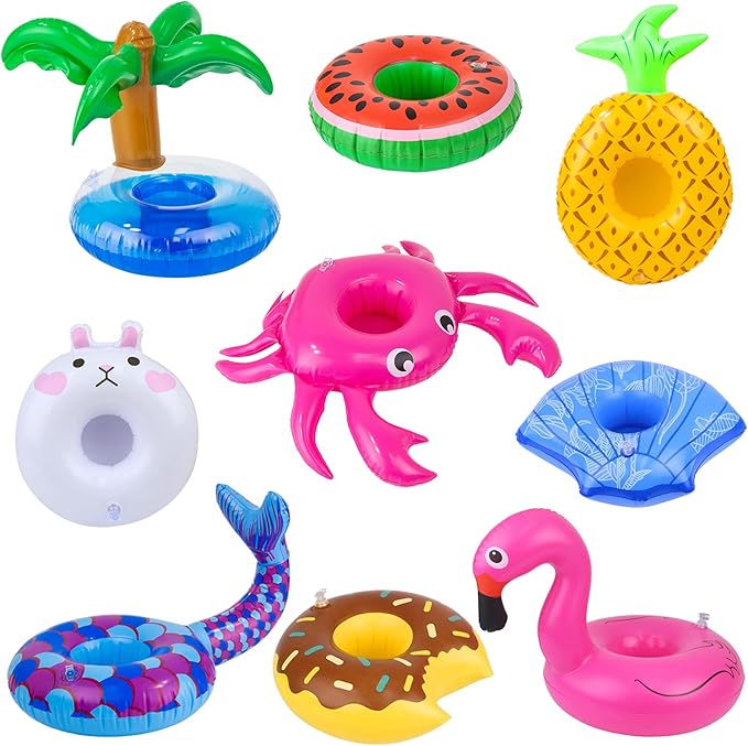 9Pcs Doll Swimming Pool Inflatable Float Including - Flamingos Donuts Pineapples Shells Crabs Rabbit Inflatable Drink Holder for Pool Party and Kids Toys