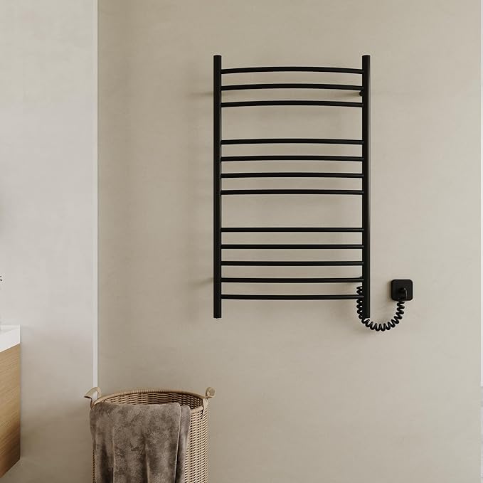 HEATGENE Electric Towel Warmer with Built-in Timer & Temperature Control, Wall-Mounted 12-Bar Large Towel Rack, Plug-in/Hardwired Heated Towel Rail for Bathroom - Matte Black