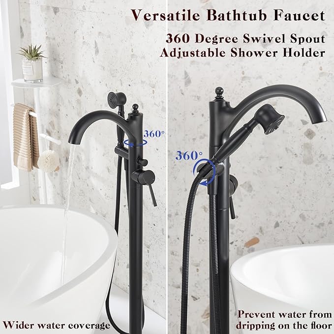 Freestanding Bathtub Faucet, Matte Black Classic Free Standing Tub Faucet with Vintage Handheld Sprayer High Flow Max 7.04GPM Floor Mounted Tub Filler (WT-9002BK)