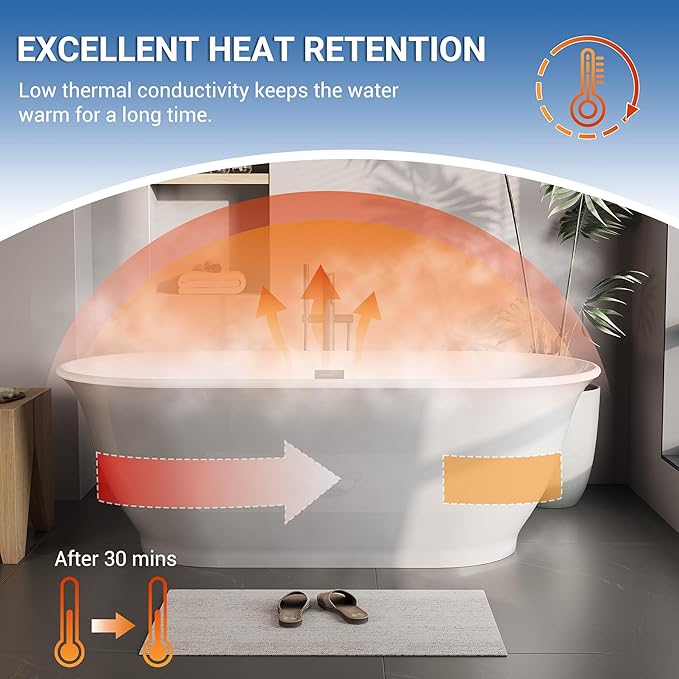 Freestanding Bathtub 59 Inch Oval Acrylic Soaker Tub – Flared-Edge Free Standing Bathtub with Gray Exterior White Interior, Chrome Drain & Overflow