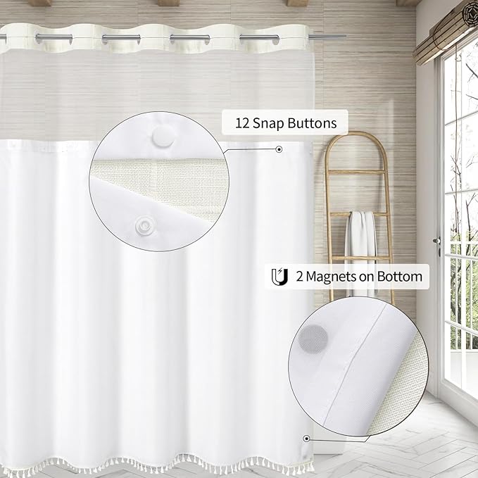 MitoVilla No Hooks Required Farmhouse Shower Curtain with Snap-in Liner - with Window & Magnets, Boho Cotton Linen Fabric Shower Curtains with Tassels for Rustic Bathroom Decor, Ivory, 72 x 74