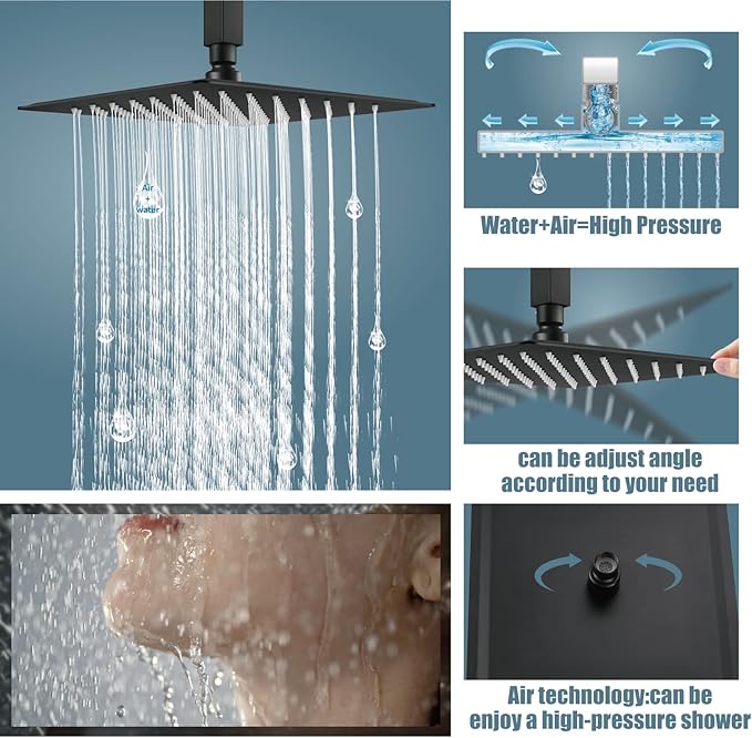 Aolemi Ceiling Mount Shower System Rain Shower Head with Handheld Spray High Pressure Shower Faucet Set Rough-in Valve Shower Trim Kit Included Bathroom Matte Black 10 Inch Ceiling Shower Head