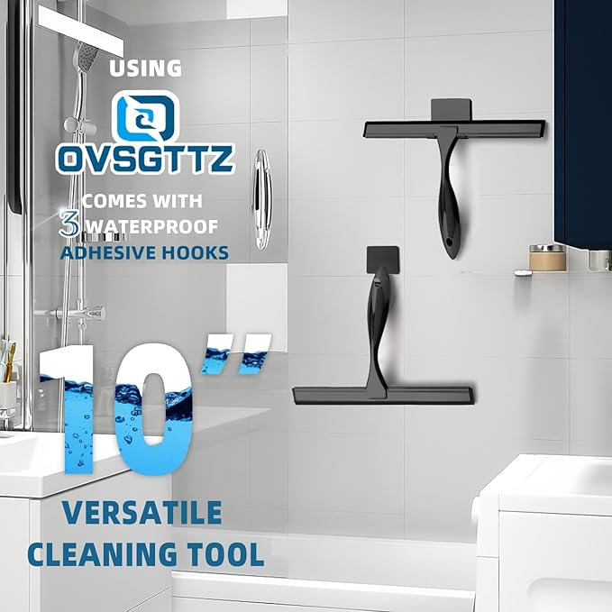 Shower Squeegee for Glass Door with 3 Adhesive Hook, Household Window & Stainless Steel Glass Cleaning Squeegee for Bathroom, Mirrors, Tiles and Car, 10 Inches, Clear, Black