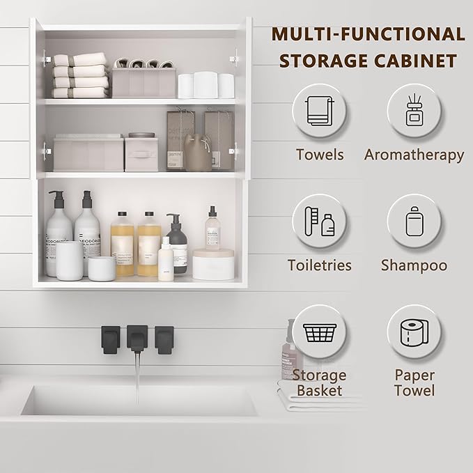 White Bathroom Wall Cabinet,Over The Toilet Storage Cabinet,Bathroom and Laundry Wall Mount Storage Medicine Cabinet with Open and Adjustable Shelf,Easy Assembly (Style A -1 PC, White)