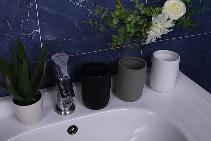 Ceramic Toothbrush Holders for Bathrooms, 8 oz Matte Tooth Brushing Dispenser, Small Tooth Brush Organizer for Vanity Countertop, Toothpaste Storage Stand, Tumbler Cup for Makeup Brushes-Black