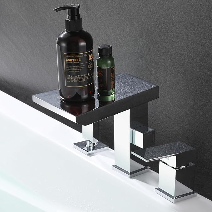 Waterfall Roman Tub Faucet with Hand Shower, Deck Mount Tub Filler Bathtub Faucet with Sprayer, Brass Widespread 3 Hole Bathtub Shower Faucet Set, Chrome