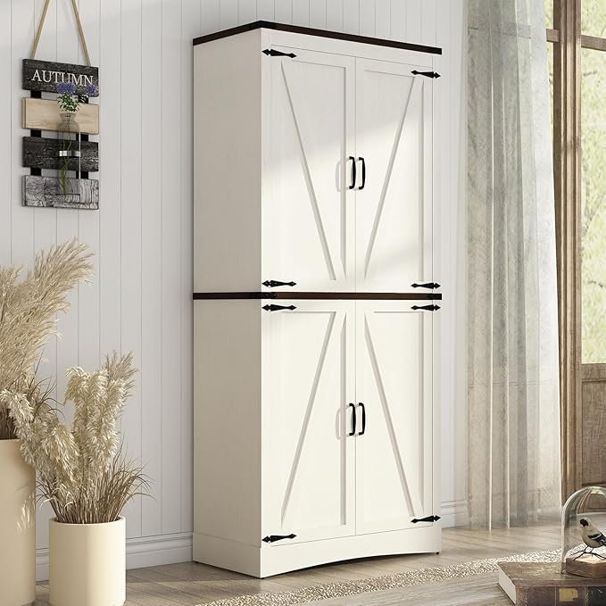 71" Tall Kitchen Pantry,Farmhouse Storage Cabinet with Adjustable Shelves,Load-Bearing Steel Pipe,Farmhouse Pantry Cabinet with 4 Barn Doors,for Kitchen,Dining Room,Living Room(Rustic White)