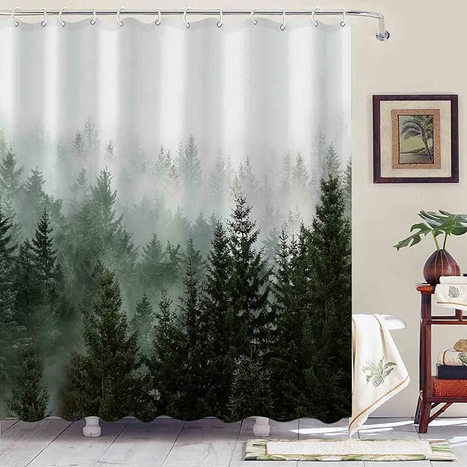 Aipon Green Misty Forest Shower Curtain Nature Tree Shower Curtain Set Dark Green Fabric Waterproof Shower Curtains for Bathroom Decor with 12 Hooks (72'' × 72'', Green4)
