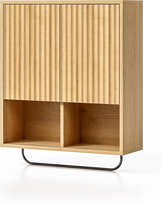 Fluted Wall Cabinet Set of 2, Wooden Bathroom Medicine Cabinet Storage with 2 Doors, Adjustable Shelf and Towels Bar, Modern Wall Mount Large Floating Cabinet for Kitchen Natural Oak