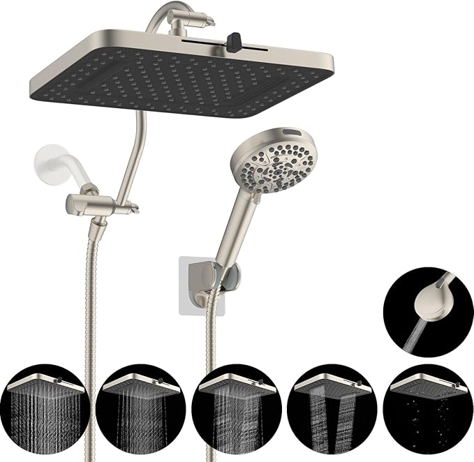 Hibbent cUPC Certified High Pressure 13'' Dual Shower Head Combo with 10-mode Handheld Spray, Rainfall 5-spray Shower Head, 12'' Adjustable Extension Arm, 71'' Hose, Showerhead Holder, Brushed Nickel