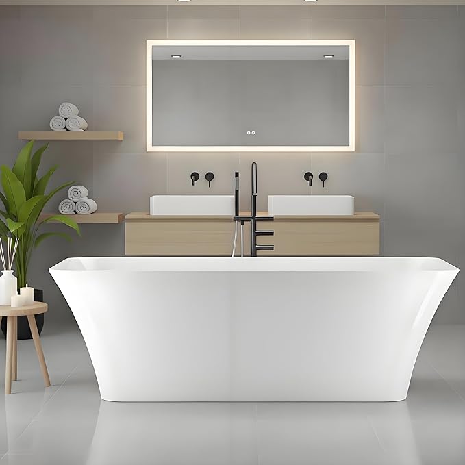 Freestanding Bathtubs 59 inch Acrylic Free Standing Soaking Tub with Integrated Overflow, Luxury Soaking Tub for Home Remodel, Chrome Drain Assembly Included