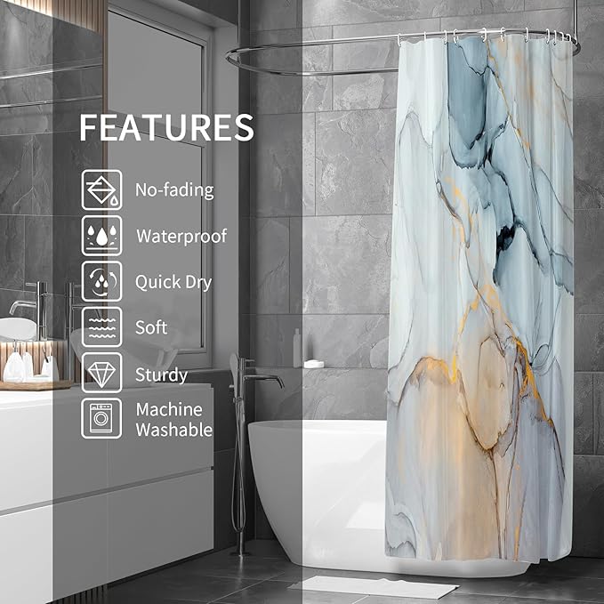 Gibelle Small Stall Shower Curtain 36 x 72, Narrow Half Abstract Grey Blue Marble Shower Curtain, Modern Ink Art Waterproof Fabric Shower Curtain Set with Hooks