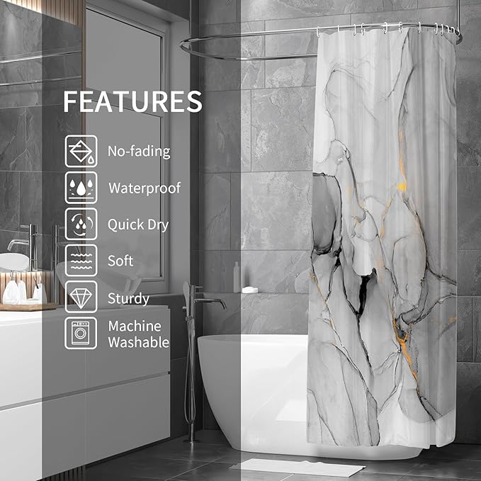 Gibelle Small Stall Shower Curtain 36 x 72, Narrow Half Abstract Grey Marble Shower Curtain, Modern Ink Art Waterproof Fabric Shower Curtain Set with Hooks