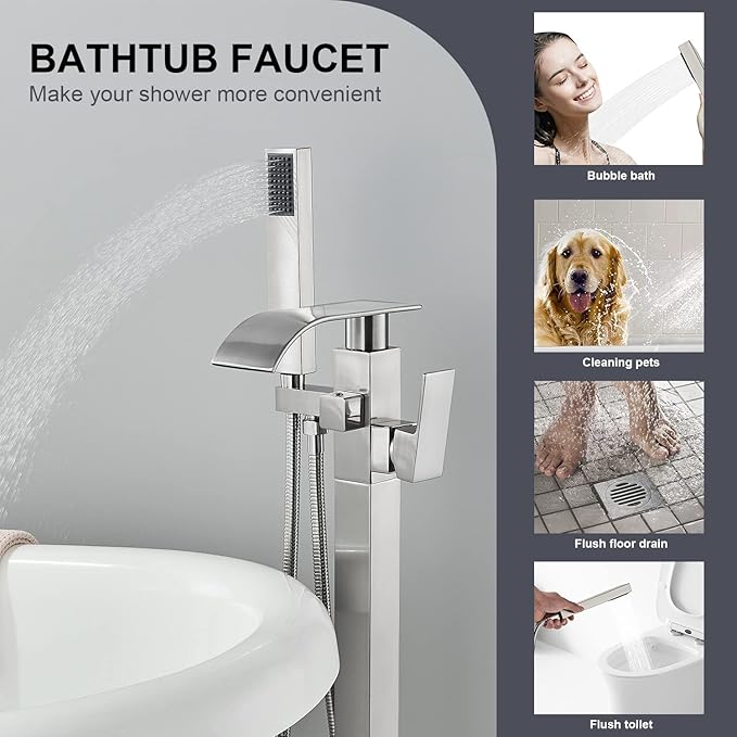 Senlesen Stainless Steel Bathroom Free Standing Tub Filler Faucet Brushed Nickel Freestanding Bathtub Faucets with Handheld Shower Mixer Taps