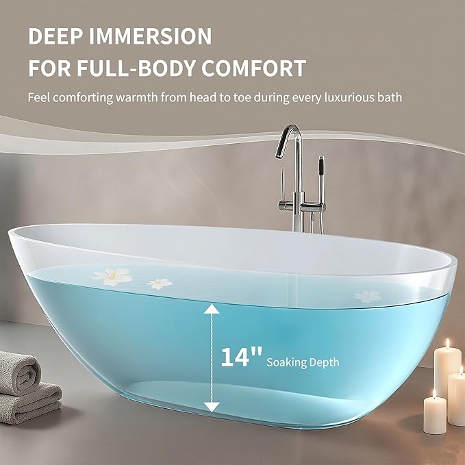 Abruzzo 59" Small Freestanding Bathtub Solid Surface - Egg Shape Stone Resin Soaking Tub with Overflow Drain, cUPC Certified Matte White, Compact Oval Tub for Limited Space Bathrooms