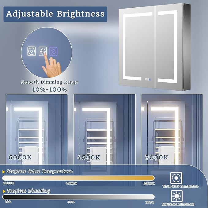 ExBrite LED Lighted Bathroom Medicine Cabinet with Mirror, 30 x 30 Inch, Recessed or Surface Mount, Anti-Fog, Stepless Dimming, Color Temperature Change, Built-in 6000K Sensor Light, Storage Shelves