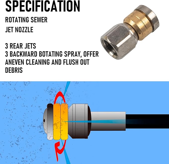 Hourleey Sewer Jetter Kit for Pressure Washer 50FT, Drain Cleaner Hose 1/4 Inch NPT, Orifice 4.0 Button Nose and Rotating Sewer Jetting Nozzle Spanner Tape Pearl Corsage Pin, 4000 PSI