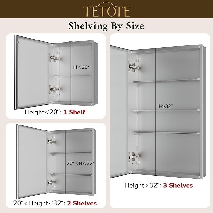 TETOTE 20 x 28 Medicine Cabinet with Mirror with Tempered Beveled Mirror Silver Medicine Cabinet Aluminum Cabinet DTC Hinges, Stepless Adjustable Shelves, Recessed/Surface-Mounted