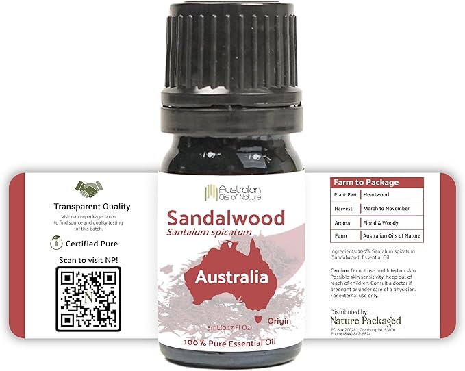 Sandalwood Essential Oil - Direct from Australian Oils of Nature - Steam Distilled - Aceite Esencial de Sándalo for Aromatherapy, Massage, Diffuser, DIY Candle and Soap Making - 5ml