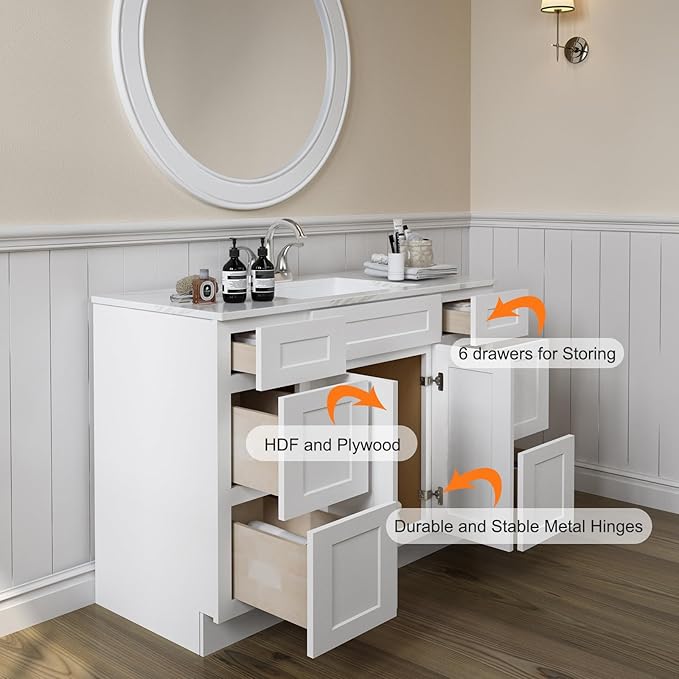 ROOMTEC Bathroom Cabinet, 48'' Free Standing Bathroom Vanity with 6 Drawers and 2 Doors,Soft-Close Drawer Slides Morden Bathroom Sink Vanity Storage Cabinet, Shaker White