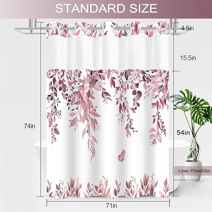 No Hook Shower Curtain and Liner Set, Dark Red Eucalyptus Floral Shower Curtains for Bathroom, Bath Curtain Sets with Snap in Liner, Waterproof with See Through Top Window, 71x74 Inches