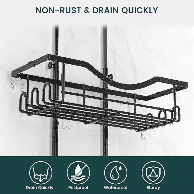 Shower Caddy Hanging Adjustable Shower Caddy, Rustproof Shower Organizer Extended Length Shower Caddy Over Shower Head with Hooks Soap Holder, Large Capacity Anti-Swing Bathroom Organizer, Black