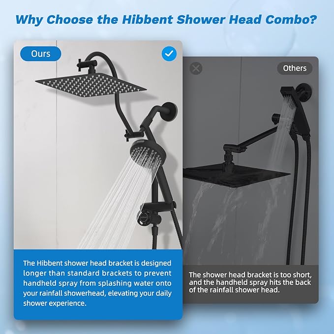 Hibbent cUPC Certified All Metal 10" Rainfall Showerhead Combo, High Pressure Shower Head with 10-Spray Mode Handheld, Innovative 4-way Diverter with Pause Mode, 71'' Shower Hose and Holder, Black