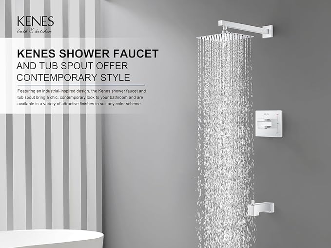 KENES Polished Chrome Tub and Shower Trim Kit, Tub Shower Faucet Set Complete with 10-Inch Rainfall Shower Head and Tub Spout, KE-6024A-5 (Shower Valve Included)