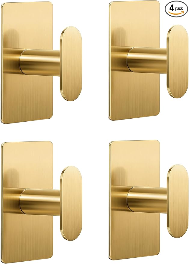 pickpiff Adhesive Towel Hooks for Bathroom: 20LB Extra Strong Wall Hanger for Shower Kitchen RV Dorm Apartment, Gold 4 Pack