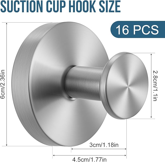 Suction Cup Hook for Shower, 16 Pack Wall Mount Towel Holder, Removable Towel Hook - Stainless Steel No Drill Hook for Bathroom Window Glass Door Wall Home Kitchen Silver