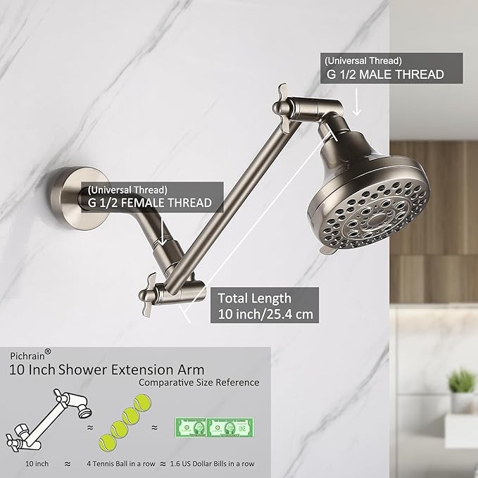 Shower Head Extension Arm, Adjustable Shower Head Arm Extender with Locking Set Screw, G1/2 Connector for Fixed/Rain/Handheld Showerheads, Easy Installation (Brushed Nickel, 10 Inch)