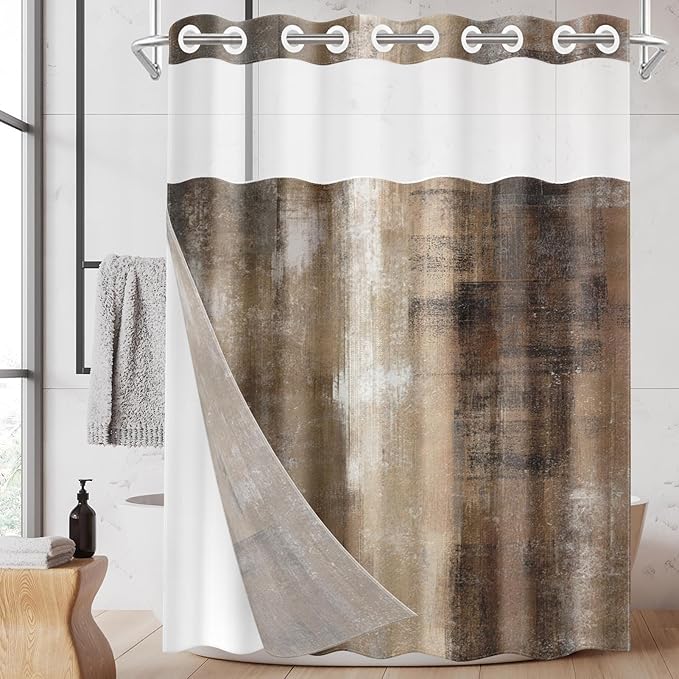 No Hook Brown Grey Painting Shower Curtain with Snap in Fabric Liner Set, Vintage Beige Double Layers Waterproof Fabric with See Through Top Window Open Grommet Bath Curtain 71x74 Inch