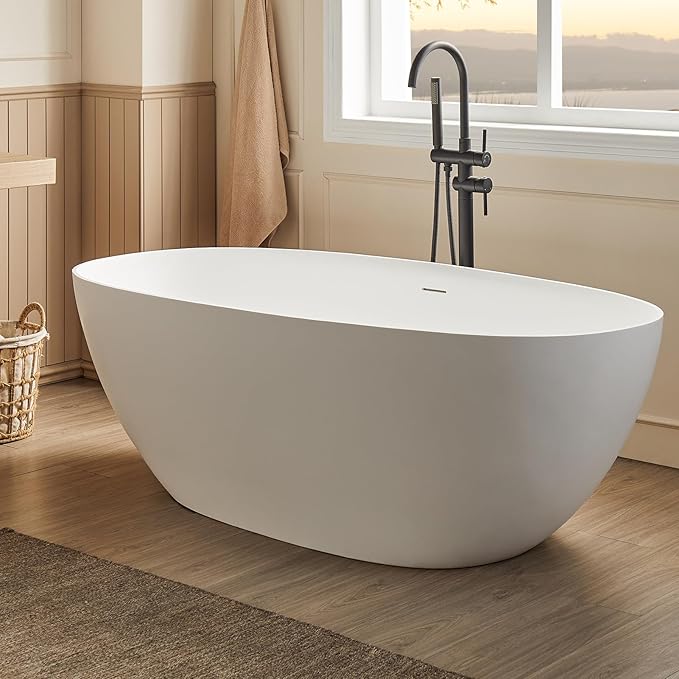 Cpingao 59" Stone Resin Freestanding Bathtub, Elegant Oval Shape Soaking Tub, Solid Surface Stand Alone Bathtub with Drain & Integrated Slotted Overflow Matte White 8845-1500