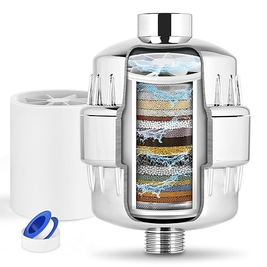 25 Stage Shower Head Filter for Hard Water, Shower Water Filter for Removing Chlorine and Fluoride, High Output Hard Water Shower Filter Improves on Skin, Hair and Nails, Polished Chrome