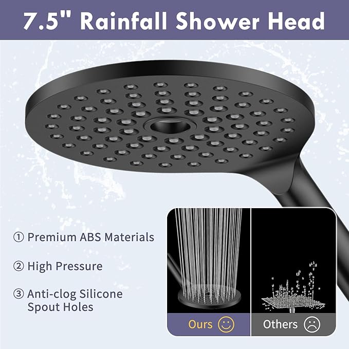HOWUWEY Dual Shower Heads with Handheld Spray Combo, 7.5" High Pressure Rainfall Showerhead, Double Shower Heads with Handheld Spray, 9 Modes Hand Showerhead with 79" Hose (Standard, Matte Black)