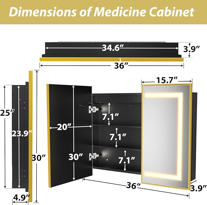 APRILSOUL 36X30 Inch Gold Bathroom Medicine Cabinet with Mirror, Recessed or Surface Lighted Medicine Cabinet with 3 Colors Temperature, Dimmable Light