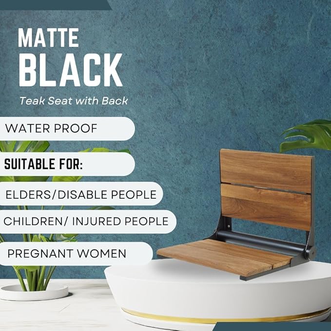 Teak Shower Seat - Contour Wood / Folding Wall Mount Bench for Inside Shower / ADA Safety Assist / 304 Stainless Steel / Matte Black / 26" x 16"