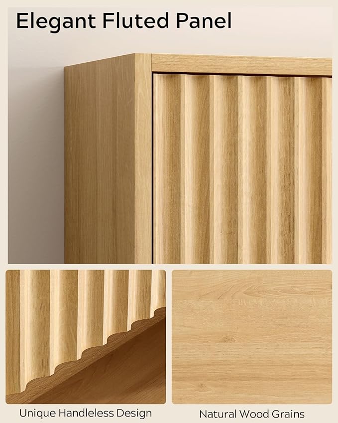 Fluted Wall Cabinet, Modern Wood Floating Bathroom Cabinet with Hanging Rod and Adjustable Shelf, Wall Mount Medicine Cabinet Natural Oak
