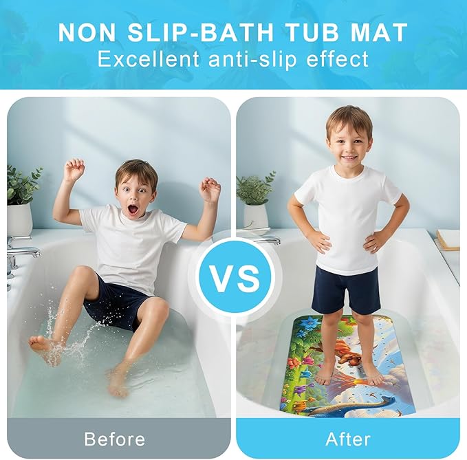 Upgrade Cartoon Baby Bath Mat Non Slip - 40"x16" Extra Long Bathtub Mat for Baby Eco Friendly Durable Bath Mat for Tub Non Slip Kids Tub Mat with Suction Cups, Machine Washable and No Fading, Dinosaur