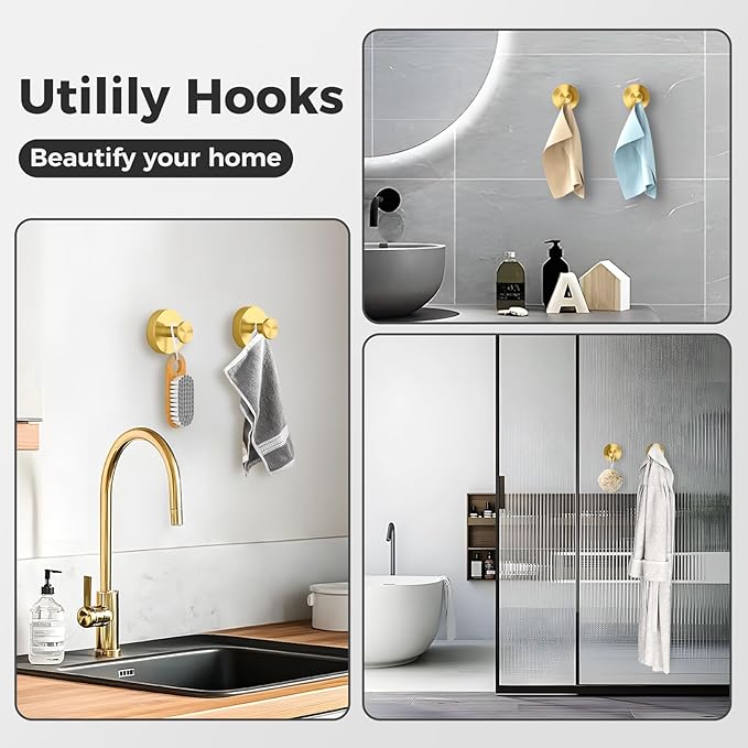 Shower Hooks for Inside Shower,Suction Cup Hooks for Glass Window,Removable Towel Hooks for Bathrooms,2 Packs(Gold)
