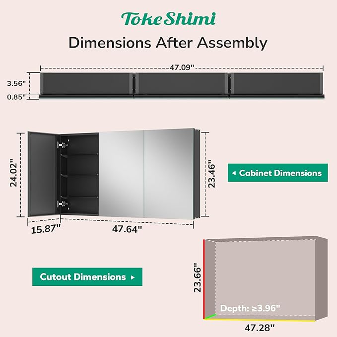 TokeShimi 48x24 Bathroom Medicine Cabinet with Mirror Tempered, Aluminum Black Mirrored Medicine Cabinet Recessed or Surface Mount with Adjustable Storage Metal for Modern Farmhouse