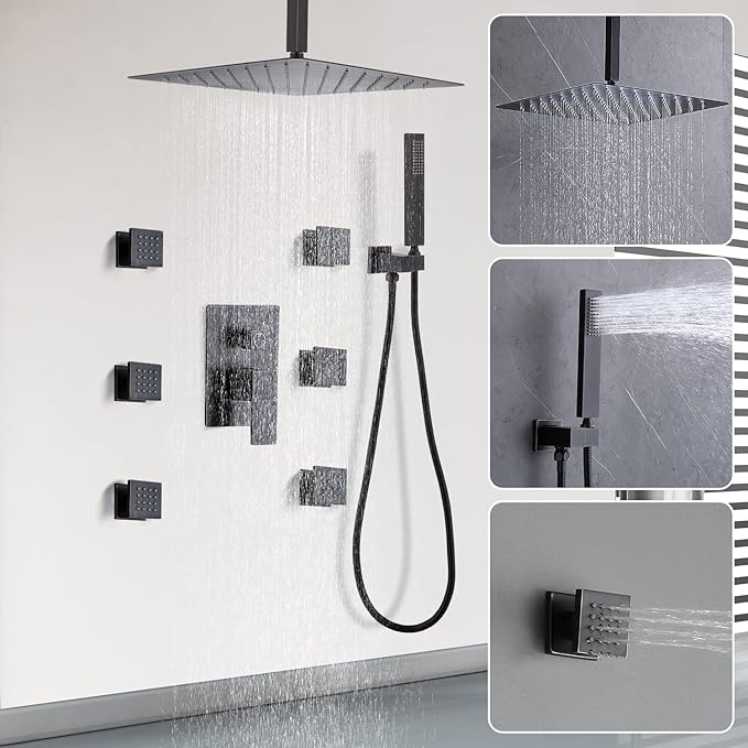 Enga Rainfall Shower System with 6 Body Jets 12" Ceiling Mount Rain Shower, Multi Shower Head System Shower Contain Rough-in Shower Valve, Oil Rubbed Bronze