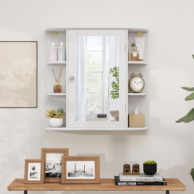 RELAX4LIFE Bathroom Wall Cabinet with Mirror - Medicine Cabinet w/Door & Open Shelves, Over The Toilet Storage Cabinet Organizer, Mirrored Bathroom Cabinet Wall Mount (White)