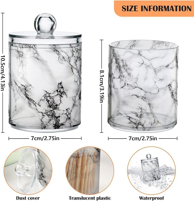 MNSRUU 2 Pack Qtip Holder Organizer Dispenser Stylish White Marble Texture Bathroom Storage Canister Cotton Ball Holder Bathroom Containers for Cotton Swabs/Pads/Floss