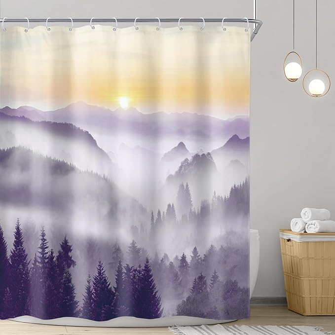 Riyidecor Misty Mountain Shower Curtain 60Wx72H Inch Purple Sunrise Nature Scenery Foggy Pine Tree Woodland Modern Rustic Natural Landscape Bathroom Decor Fabric Polyester Waterproof 12 Pack Hooks