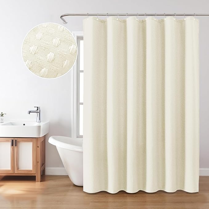 Inhousolu Fabric Shower Curtain Waffle Weave, 230 GSM Heavy Duty, Weighted Hem, 14 Metal Hooks, Water Repellent, Machine Washable, Hotel Spa Luxury Bath Curtain Set, 72 x 96 Inch, Ivory