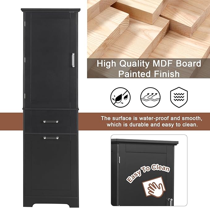 Favfurish 68" Tall Bathroom Storage Cabinet with Door and 2 Drawer,Modern Linen Cabinets w/Adjustable Shelf & Magnetic Door Stopper,Freestanding Organizer for Bath Room,Study,Office,Kitchen Black