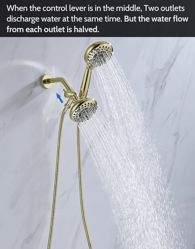 G-Promise Solid Metal Shower Arm Diverter with Holder for Hand Held Showerhead and Fixed Spray Head, G 1/2 3-Way Bathroom Universal Diverter System Replacement Part (Polished Gold)