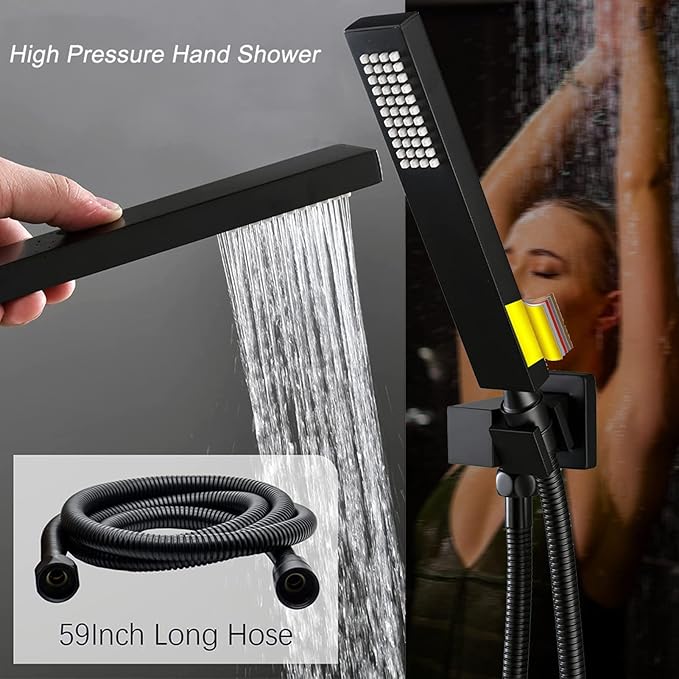 Shower Faucet Set Matte Black Shower System with 12 inch Ceiling Mounted Shower Head and Dual 8 inch Wall Mounted Shower Head, Digital Display Shower Fixtures with Handheld Spray